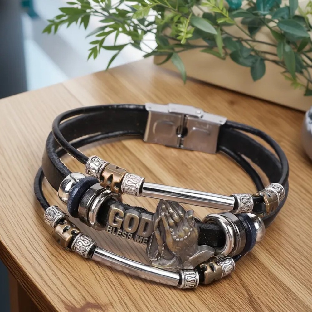 Black and Silver Bracelet with God Bless Me Charm